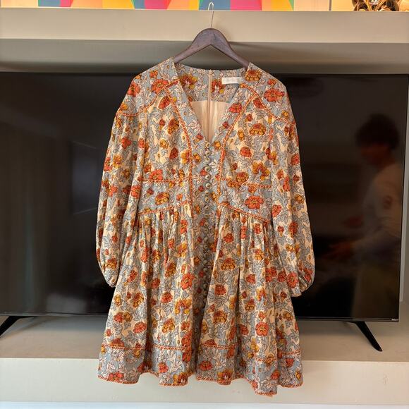 Zimmermann Andie Buttoned Floral Linen Mini Dress Long Sleeve 3 Large - Picture 6 of 16